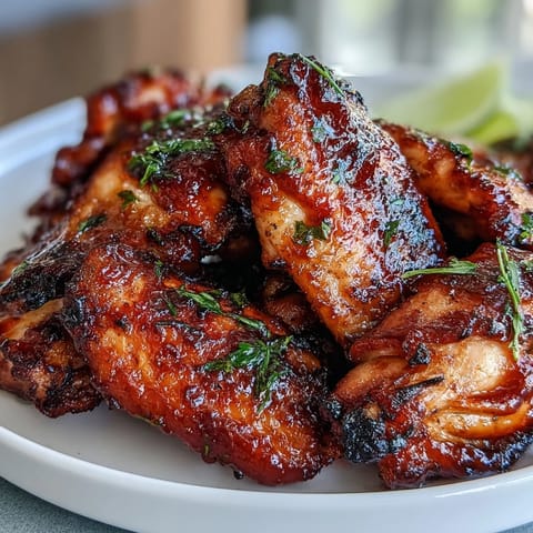 Crispy Guava BBQ Glazed Chicken Wings piled high on a platter with cilantro garnish for a game day appetizer.