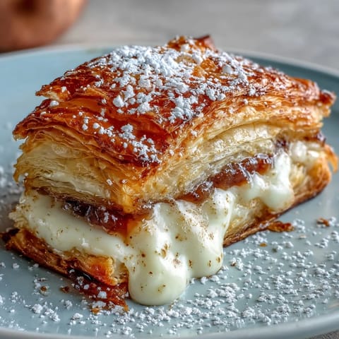 Golden-baked guava cheese pastries with flaky crusts and melted centers, dusted with powdered sugar on a rustic board.