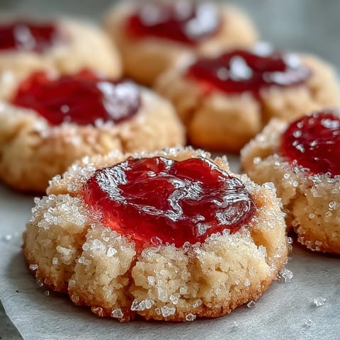 Close-up of Guava Jam Thumbprint Cookies showing golden edges and a vibrant, sweet-tart guava filling. 