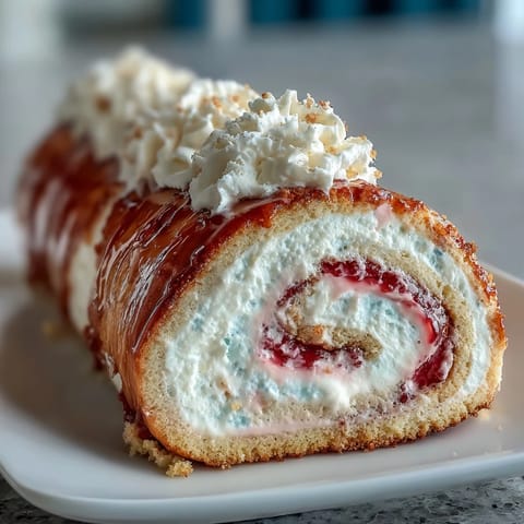 Freshly sliced Homemade Brazo Gitano reveals its vibrant pink guava filling and fluffy white meringue topping on a ceramic plate.