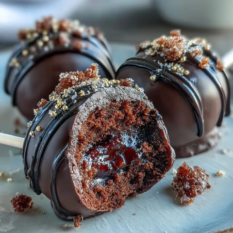 Decadent chocolate cake pops shaped like pots, coated in rich black candy melts and topped with edible gold coins for a lucky touch.