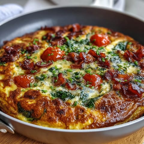 Fluffy one-pan ham and cheese frittata with spinach and tomatoes, golden and bubbling from the oven.