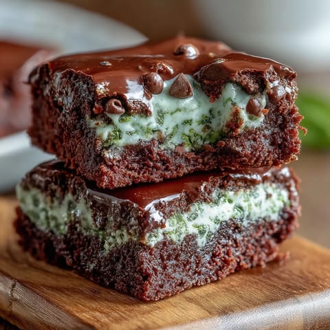 Rich mint chocolate chip brownie bites with green swirls, topped with mini chocolate chips for St. Patrick's Day dessert.  