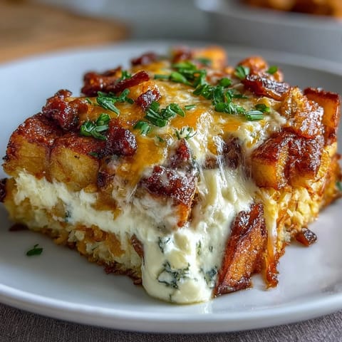 Overnight Amish Breakfast Casserole for a Crowd with sausage, potatoes, and melted cheese, ready for a family brunch.  