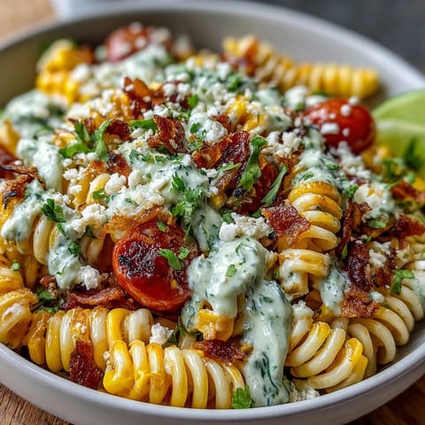 Vibrant Mexican Street Corn Elote Pasta Salad with charred corn, cotija cheese, and zesty lime dressing in a serving bowl.