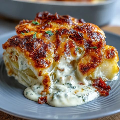 Creamy au gratin potatoes baked with Gruyère cheese, golden and bubbling in a rich cream sauce.