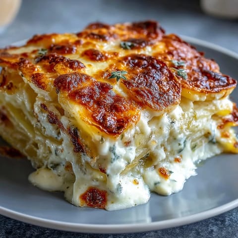 Layers of tender Yukon Gold potatoes smothered in creamy cheese sauce, baked to golden perfection.