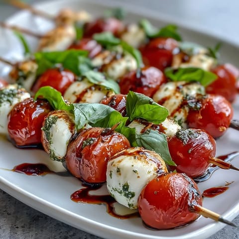Caprese Skewers with Pesto Drizzle: Fresh mozzarella, juicy tomatoes, and basil on skewers, drizzled with fragrant homemade pesto.