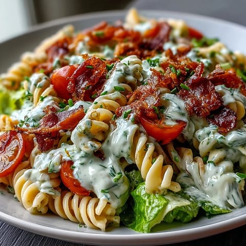 Creamy BLT pasta salad with crispy bacon, fresh lettuce, and cherry tomatoes, all tossed in a dreamy avocado ranch dressing.