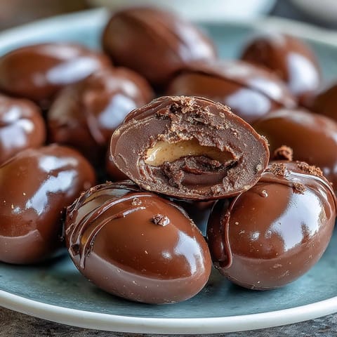 Homemade peanut butter Easter eggs with smooth filling dipped in glossy chocolate on a festive plate.