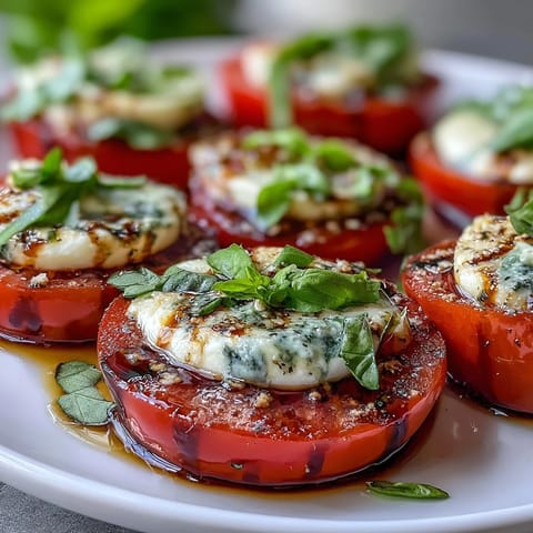 Caprese Salad with Basil Oil Drizzle on a white platter, showcasing vibrant red tomatoes and creamy mozzarella, accented by fresh basil and a glossy green basil oil drizzle.