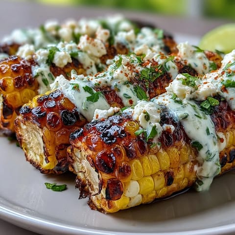 Smoky grilled corn elote topped with tangy sauce, crumbled cheese, and fresh cilantro for authentic Mexican street food flavor.
