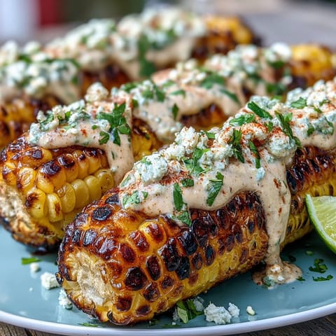 Grilled corn elote style with creamy sauce, Cotija cheese, and chili powder, perfect for summer barbecues.