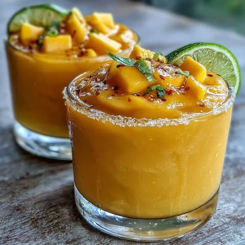 Frozen Mango Margarita Mocktail in a salt-rimmed glass with fresh lime and mango garnish.