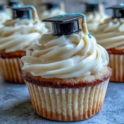 Simple Graduation Cupcakes with Cap Fondant Toppers: moist vanilla cupcakes topped with creamy buttercream and edible fondant graduation caps, perfect for celebrating academic milestones.