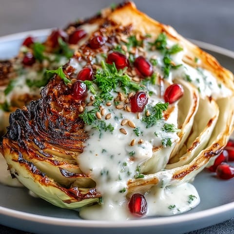 Smoky grilled cabbage wedges topped with luminous tahini sauce, parsley, and pomegranate.
