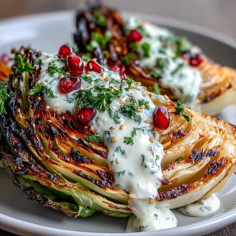 Vibrant grilled cabbage wedges await creamy tahini drizzle and jewel-like pomegranate bursts.
