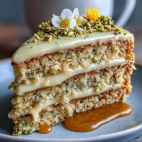 Gorgeous Spring Birthday Lemon Pistachio Cake adorned with vibrant green nuts.