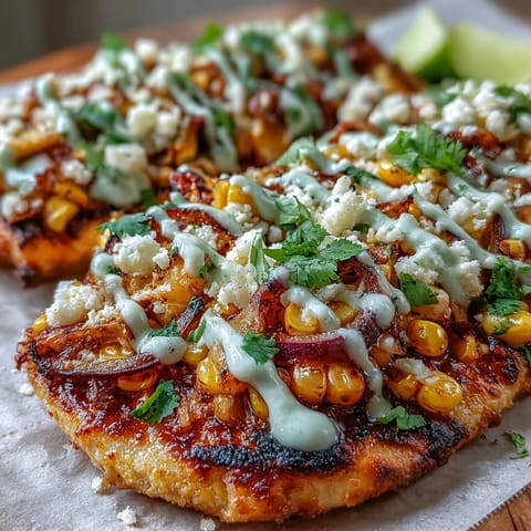Colorful Cinco de Mayo Street Corn Flatbread overflowing with charred corn and crema.