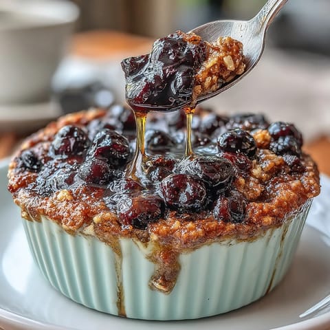 Warm blueberry baked oats with a golden crust, ready to enjoy.