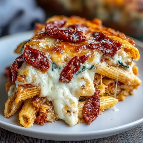 Golden cheesy Sun-Dried Tomato Pasta Bake bubbling hot from the oven.