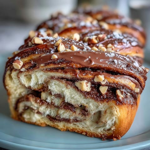 Nutella babka loaf, swirled chocolate filling evident in golden brown layers.