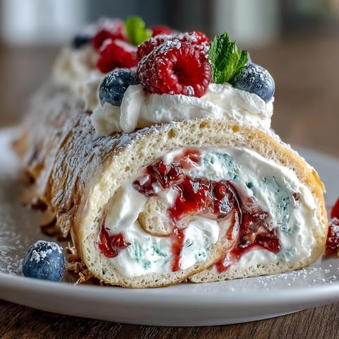 Elegant Crepe Roll Cake filled with fresh berries and sweetened whipped cream.