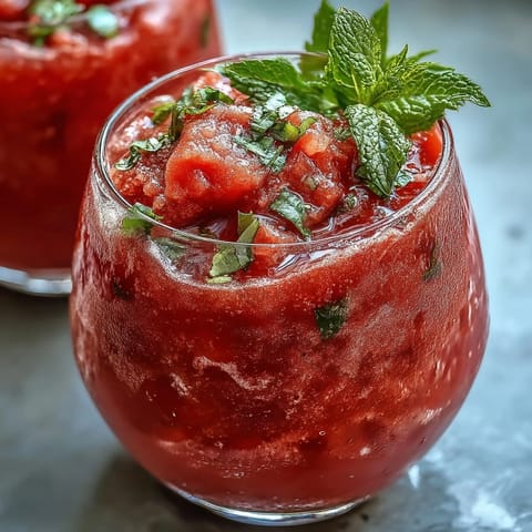 Chilled watermelon mint frosé, a vibrant, frozen, alcohol-free summer drink.
