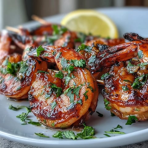 Grilled Honey Garlic Shrimp Skewers with smoky char, perfect for appetizer platters.