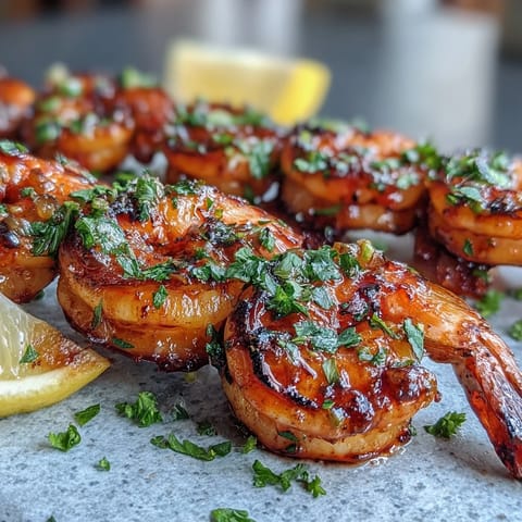 Juicy honey garlic shrimp skewers glistening, ready to be served fresh.