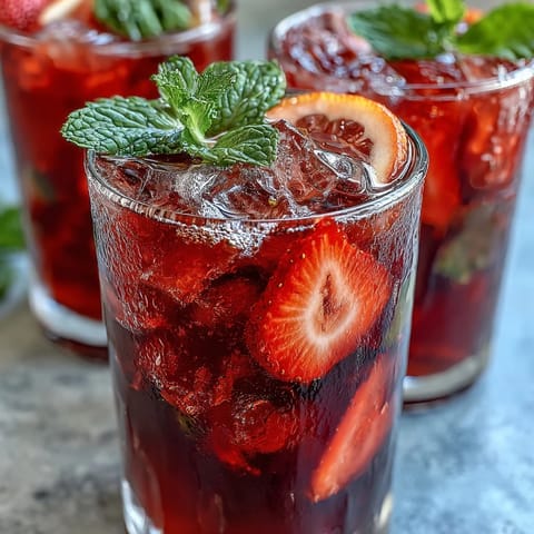 Vibrant Juneteenth Red Drink: Hibiscus Strawberry Lemonade, ready to serve over ice.