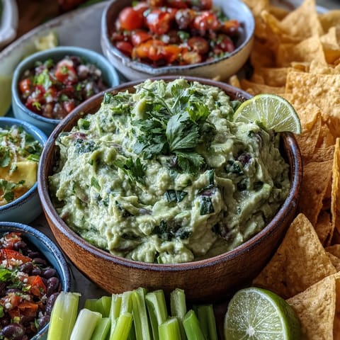 A festive guacamole bar featuring colorful toppings for a customizable party appetizer.