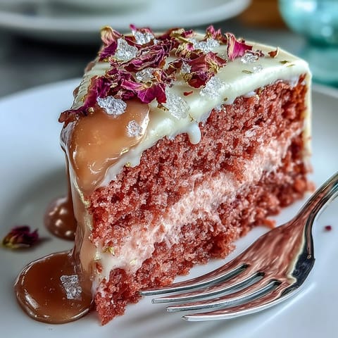 Elegant pink Bridal Shower Rosé Velvet Cake, showcasing melted gold drip artfully.