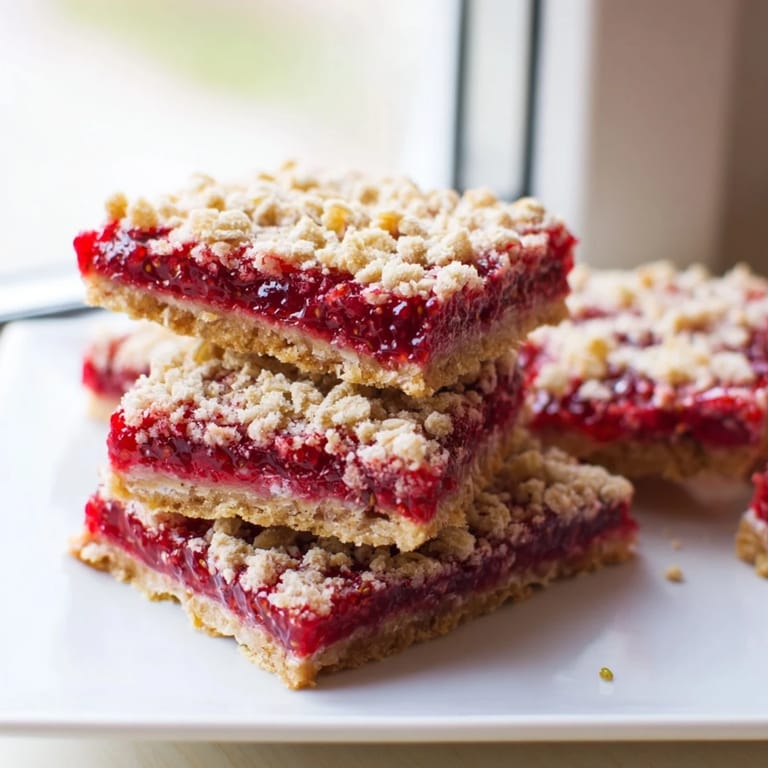 A plate of warm, buttery Simple Homemade Strawberry Jam Squares, perfect for enjoying as a sweet afternoon treat.
