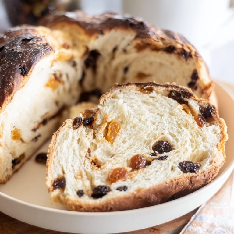 This Homemade Cinnamon Swirl Raisin Bread shows a close-up of the cinnamon sugar swirls and plump raisins.