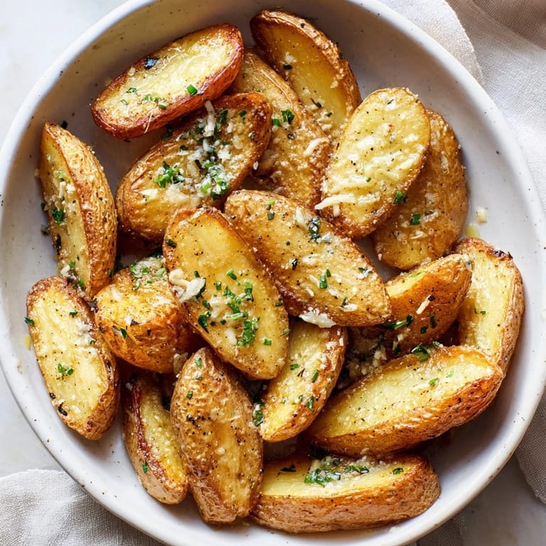 Melted garlic butter coats beautifully roasted smash potatoes, seasoned with herbs for a fantastic side.