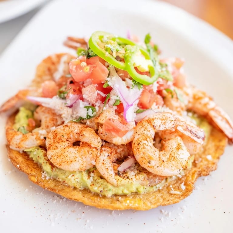Enjoy a close-up of delicious Quick Shrimp and Avocado Tostadas, featuring a delightful mix of textures and flavors.