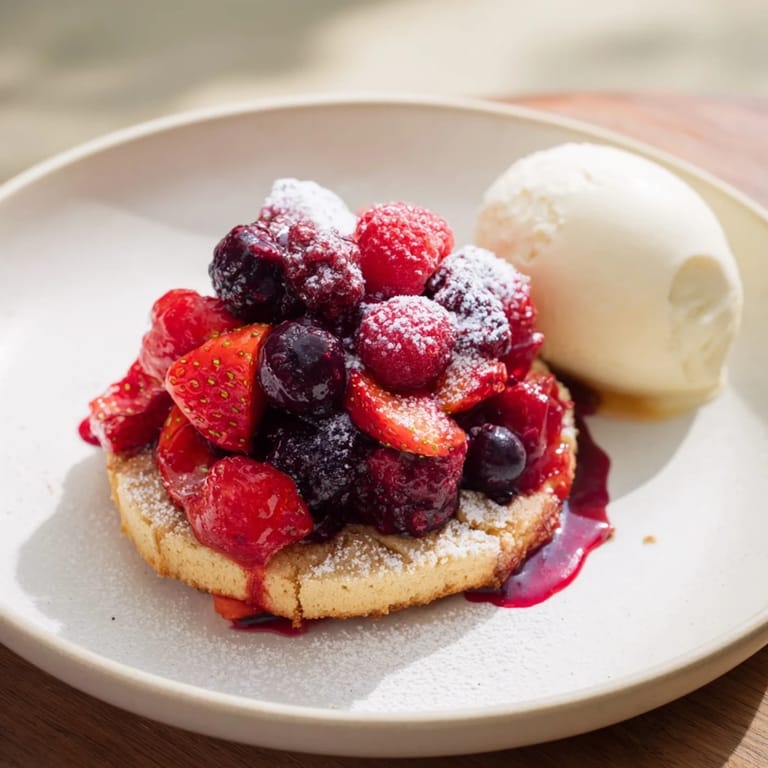Freshly baked Rustic Summer Berry Cobbler boasting a buttery biscuit topping and sweet, juicy berries.
