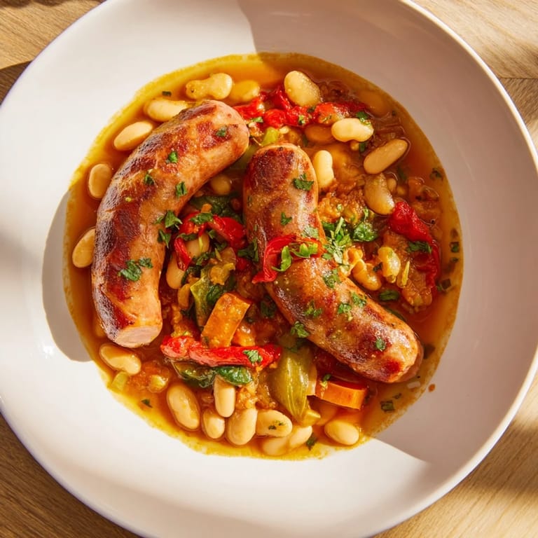 A close-up of One-Pot Sausage and White Bean Stew, highlighting tender vegetables and hearty sausage.