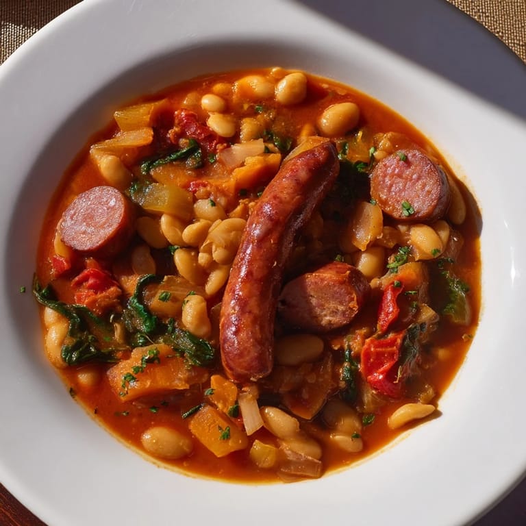The One-Pot Sausage and White Bean Stew offers a comforting, flavorful meal, perfect for a cold evening.