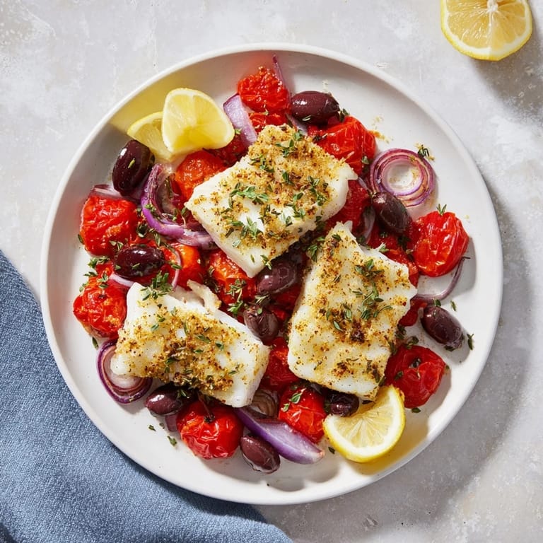 Mediterranean flavors shine in this photo of flavorful One-Tray Baked Cod, ready to eat.