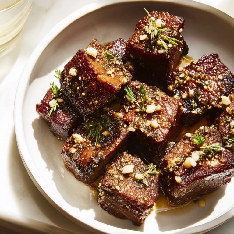 Close-up of juicy skillet-seared steak bites glistening with a rich garlic butter sauce.