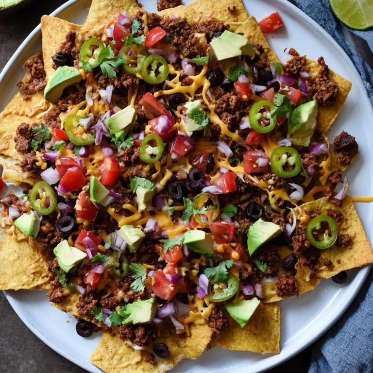 A close-up shot of delicious Classic Sheet Pan Beef Nachos, featuring seasoned ground beef and vibrant garnishes.