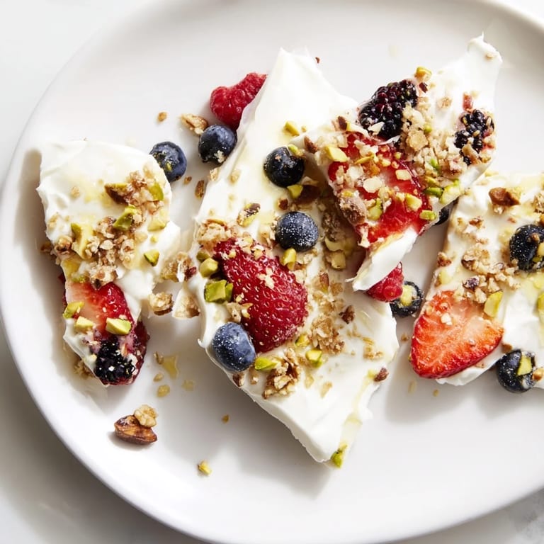 Beautiful, colorful mixed berries topping smooth yogurt in this easy Berry Yogurt Bark recipe.