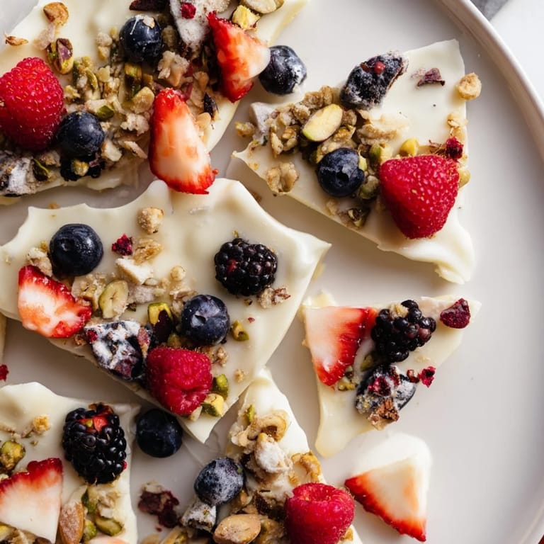 Enjoy cool and refreshing Berry Yogurt Bark featuring crunchy granola, berries, and frozen yogurt layers.