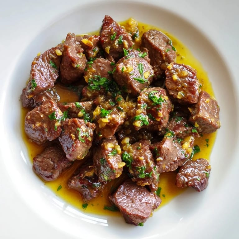 Tender Air-Fryer Garlic-Butter Steak Bites, showcasing the perfect sear and coated in rich, melted garlic butter.