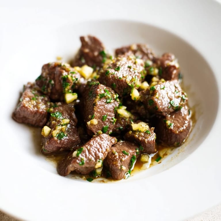 Close-up of golden-brown Air-Fryer Garlic-Butter Steak Bites, incredibly juicy and full of savory flavor.