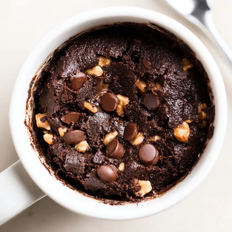 A freshly baked, warm Mug Brownie, its fudgy texture inviting a delightful chocolate experience.