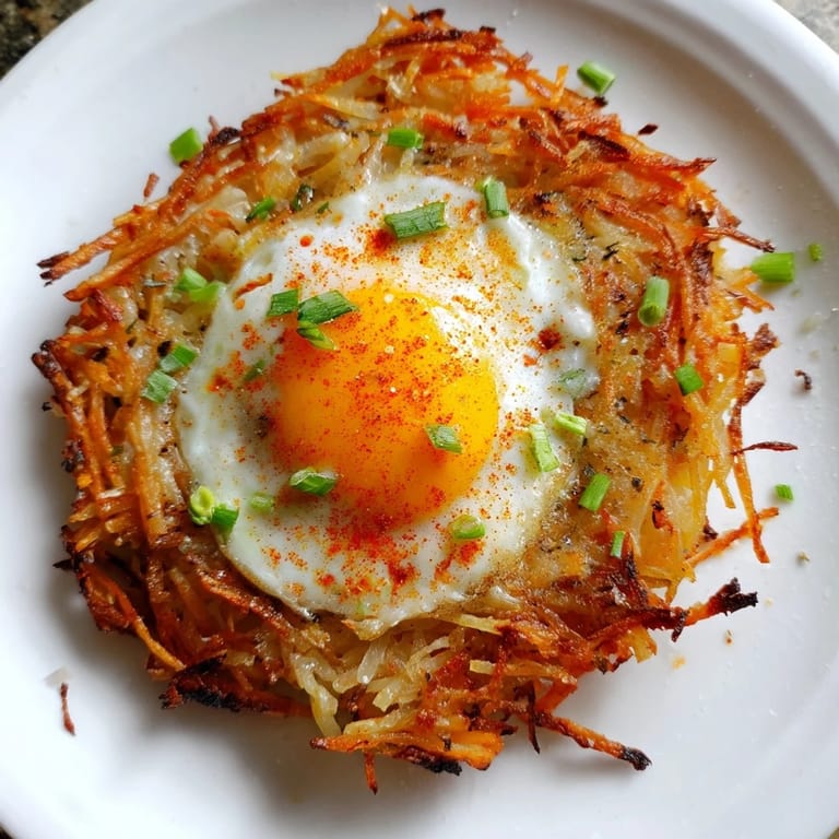 Delicious, vegetarian Crispy Hashbrown Egg Nests with scallions: a fun, easy American breakfast.