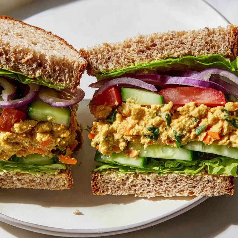 Enjoy a healthy vegan lunch: a layered easy chickpea salad sandwich, ready to devour.